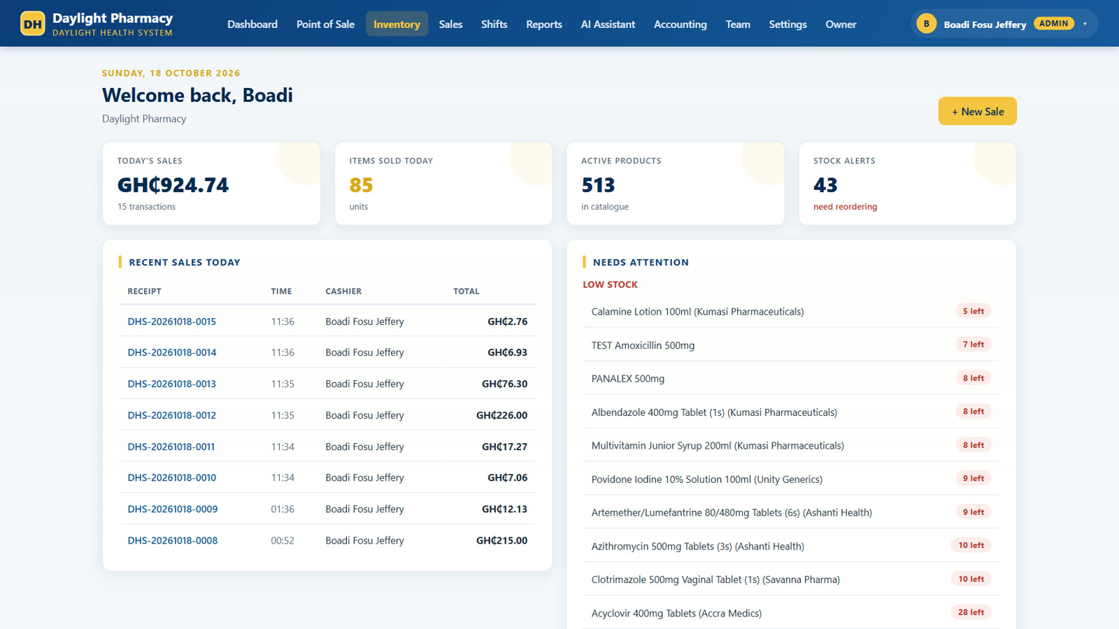 Daylight Health System dashboard showing today's sales, stock alerts and recent receipts